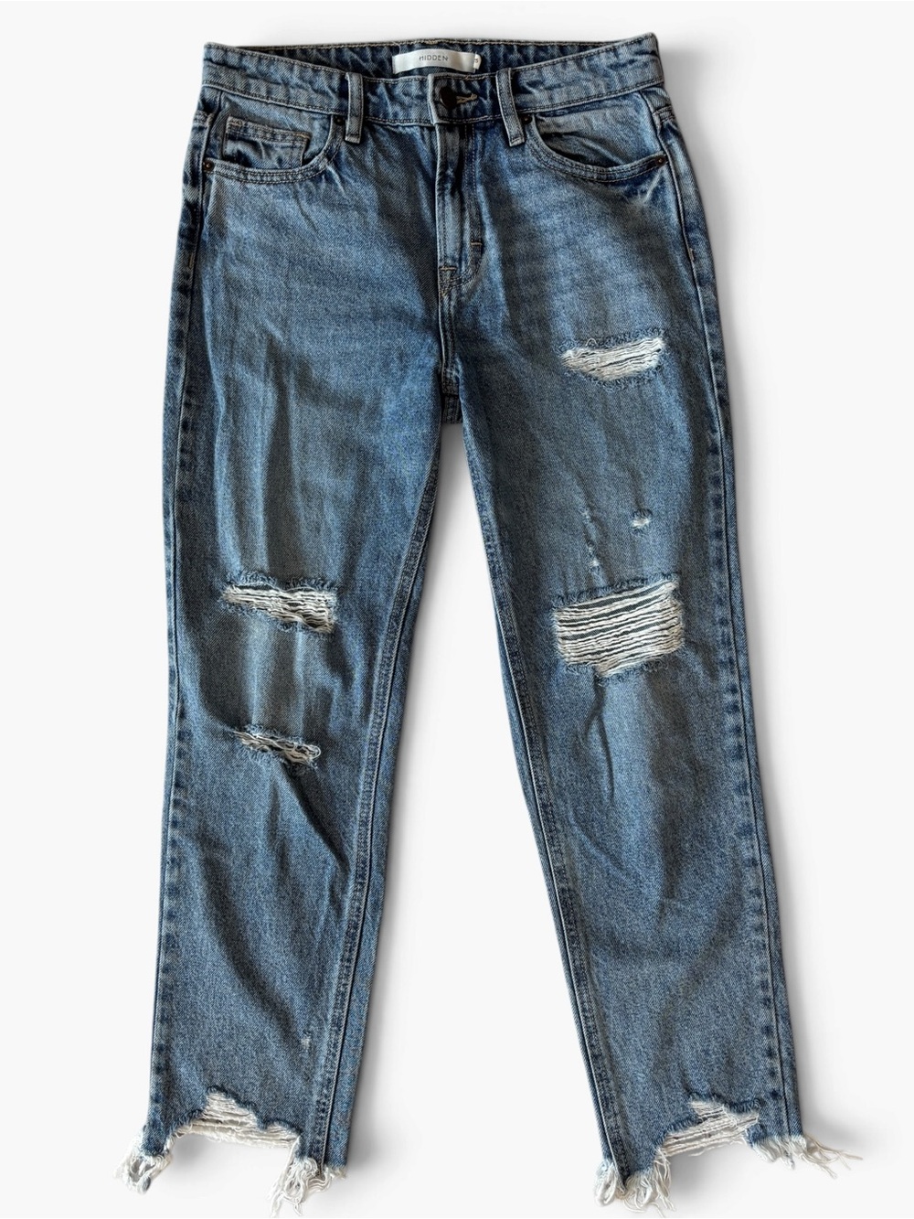 Hidden Jeans Distressed Straight Leg Jeans Size 25 Medium Wash Raw Hem 100% Cott